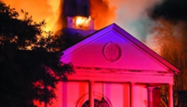 Tyler’s First Church of Christ, Scientist in flames.