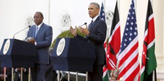 Then US President Barack Obama and Kenya President Uhuru Kenyatta address civil servants and public at Stahe House, Nairobi, Kenya. Photo: Henry Owino/The AfricaPaper