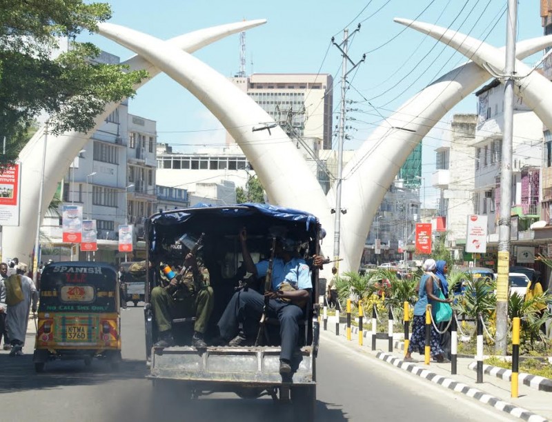 Kenyan security forces patrol along the streets of-...-he killing of terror suspect on Saturday in Mombasa. Sept.  21, 2015