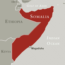 Map highlighting somalia in red, with mogadishu marked as the capital, bordered by ethiopia, kenya, the indian ocean, gulf of aden, and djibouti.