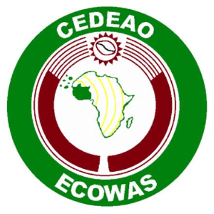 Logo of ecowas (economic community of west african states), featuring a stylized map of west africa in green and yellow within a red and white circular design.