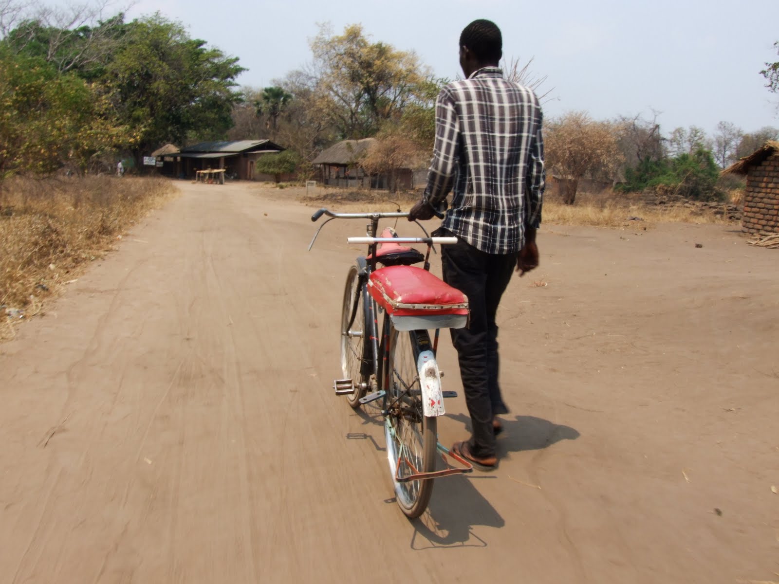 A man walking down the road with his bicycle.